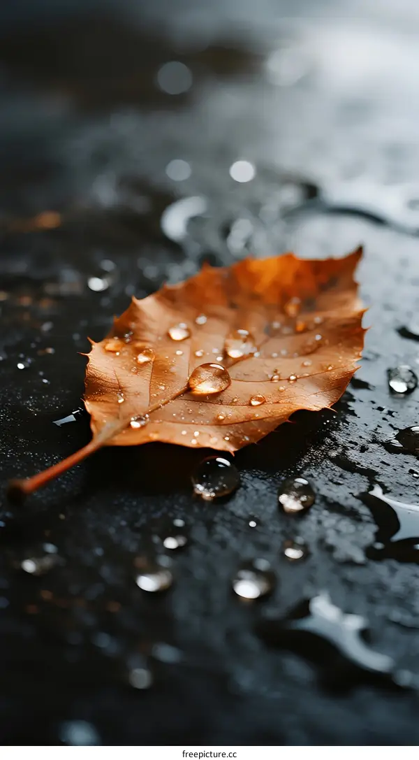Wet autumn leaf with water droplets on dark surface
