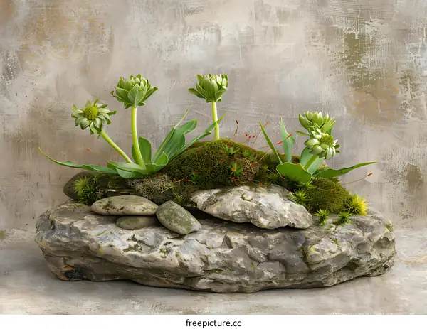 Green Plant Arrangement on Stone