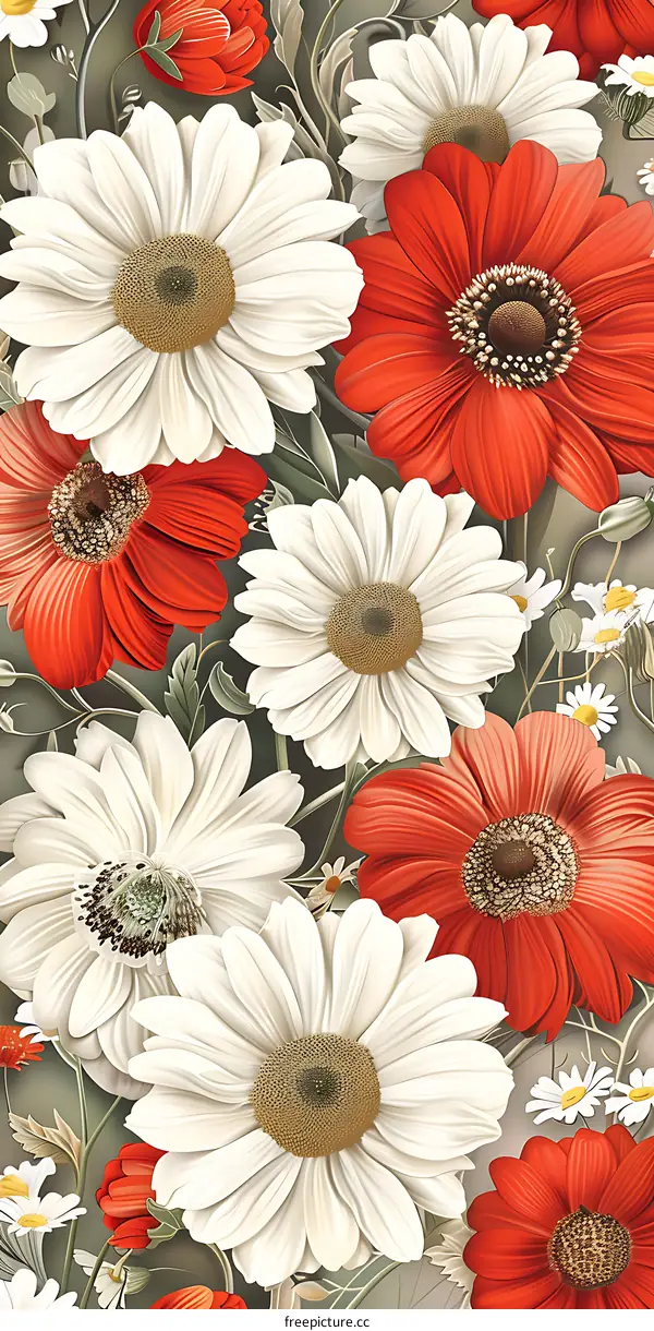 White and Red Daisy Flowers Floral Pattern Background