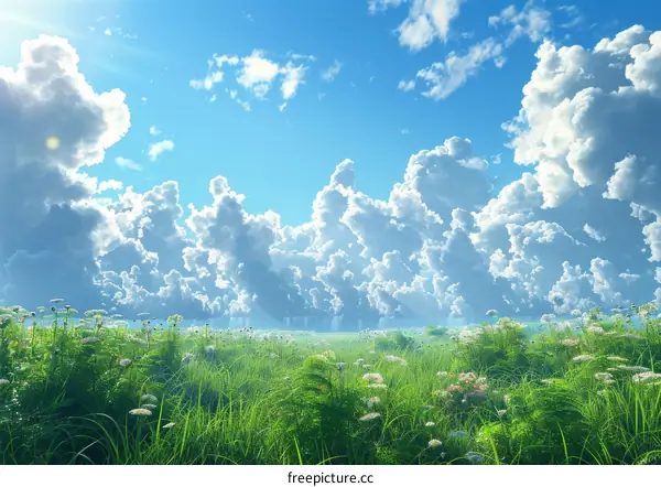 Grass Field Under Clear Blue Sky with White Clouds