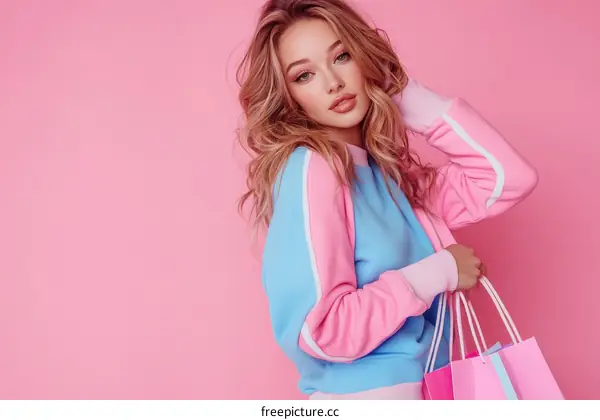 Fashionable Woman with Shopping Bags in Pink Background