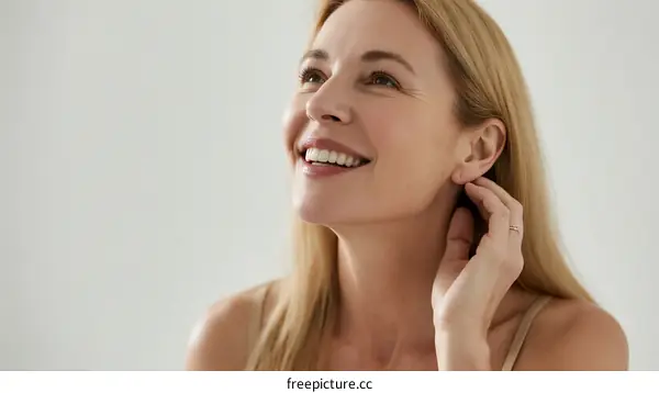 A Woman with Long Blond Hair Smiling and Looking Away