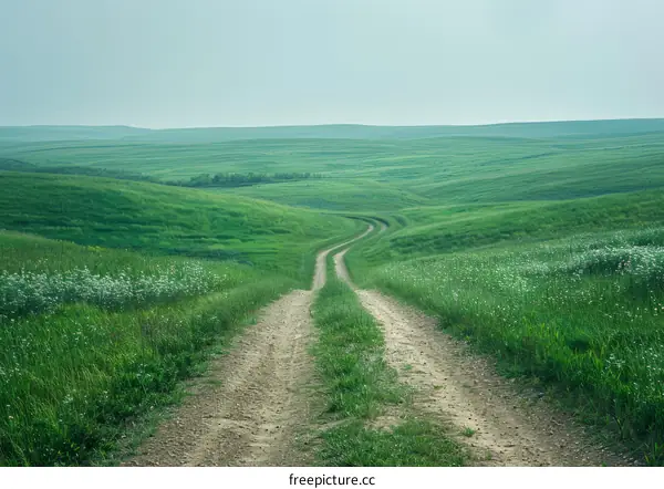 Dirt road through a lush green grassy hill