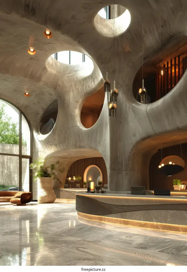 Futuristic hotel lobby interior design with parametric concrete walls and curved furniture