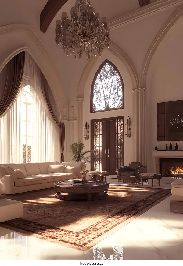 Luxury Living Room Interior Design with Large Windows and Chandelier