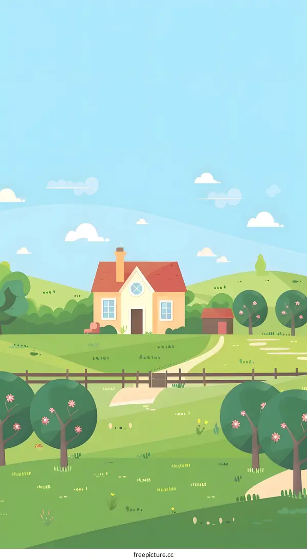 Cartoon Illustration of a House with a Yard