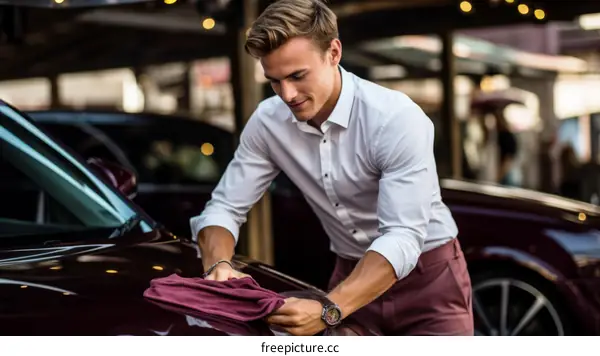 Young man cleaning car with cloth