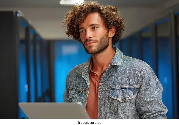 Focused Young Man in Server Room with Laptop