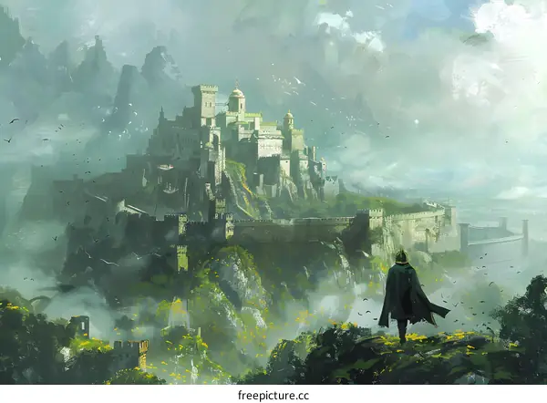 The hero stands in front of the castle