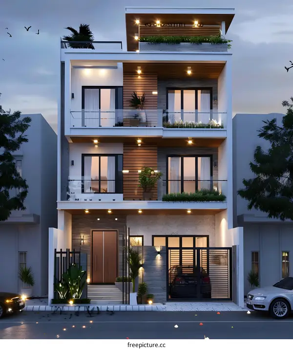 Modern House Exterior Design With Wooden Facade And Balconies