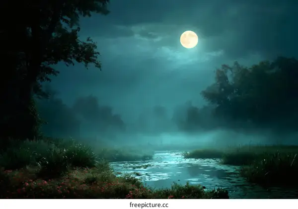 Misty Moonlight Over a Serene River Landscape