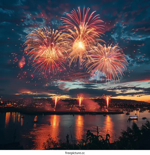 Spectacular Fireworks Display Over Water