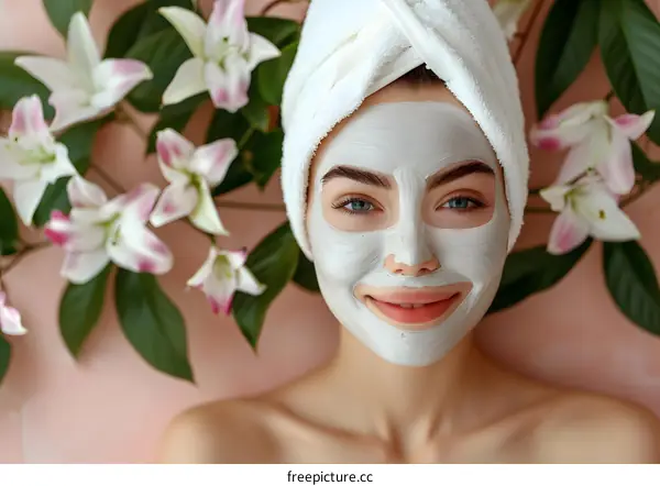 Young woman with facial mask made of clay smiling