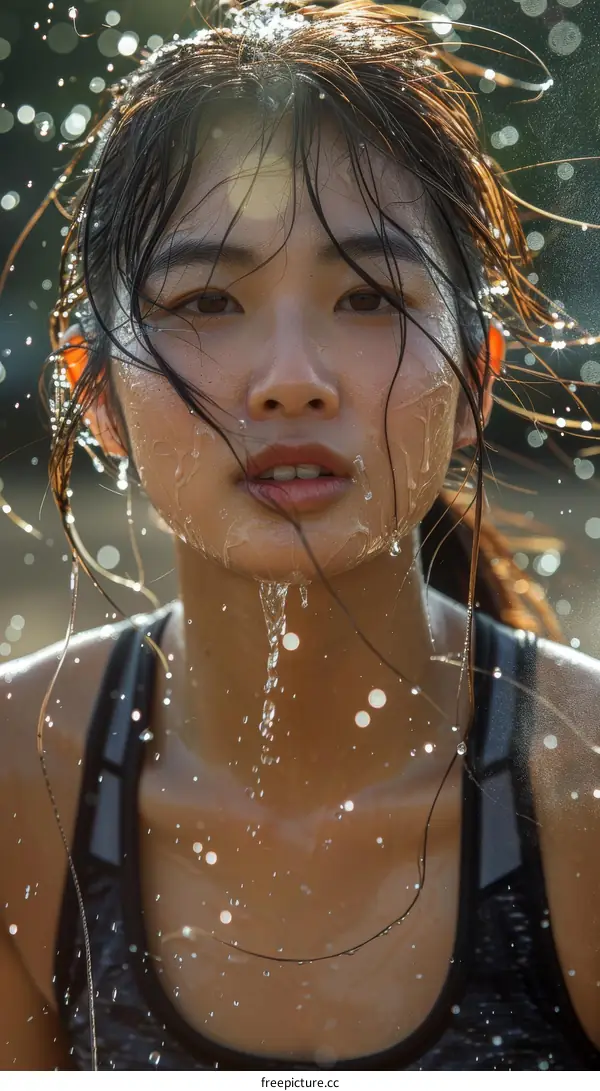 Asian woman runner with wet oily hair