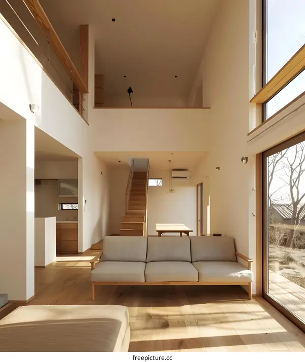 Modern Minimalist Living Room Interior Design With Wooden Floors And Large Windows