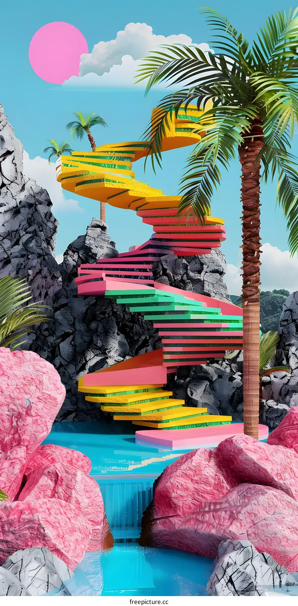 3D Digital Illustration of Colorful Abstract Steps and Palm Tree in Surreal Landscape