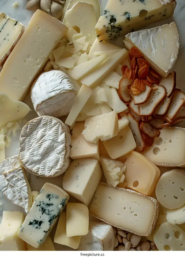 Assortment of Cheeses and Crackers on a Marble Surface