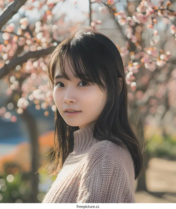 Young Asian Woman Posing in Front of Pink Cherry Blossoms