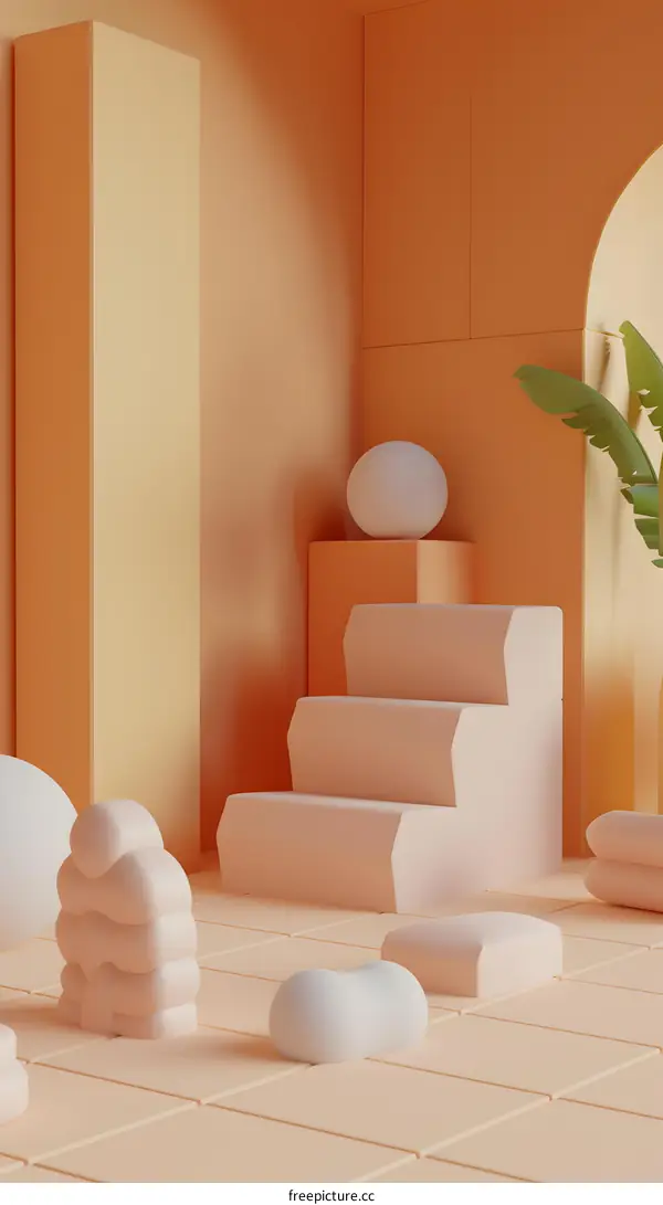 Abstract Minimalist 3D Render of a Room with Geometric Shapes and a Palm Leaf