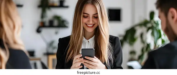 Smiling Businesswoman Using Smartphone in Office
