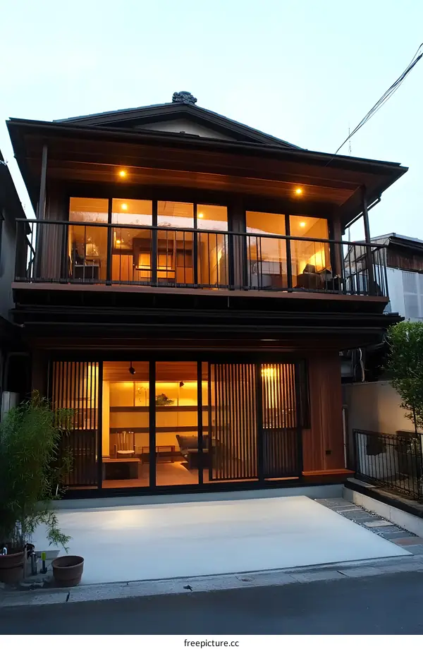 Modern Japanese Style House Exterior with Wooden Facade and Glass Windows