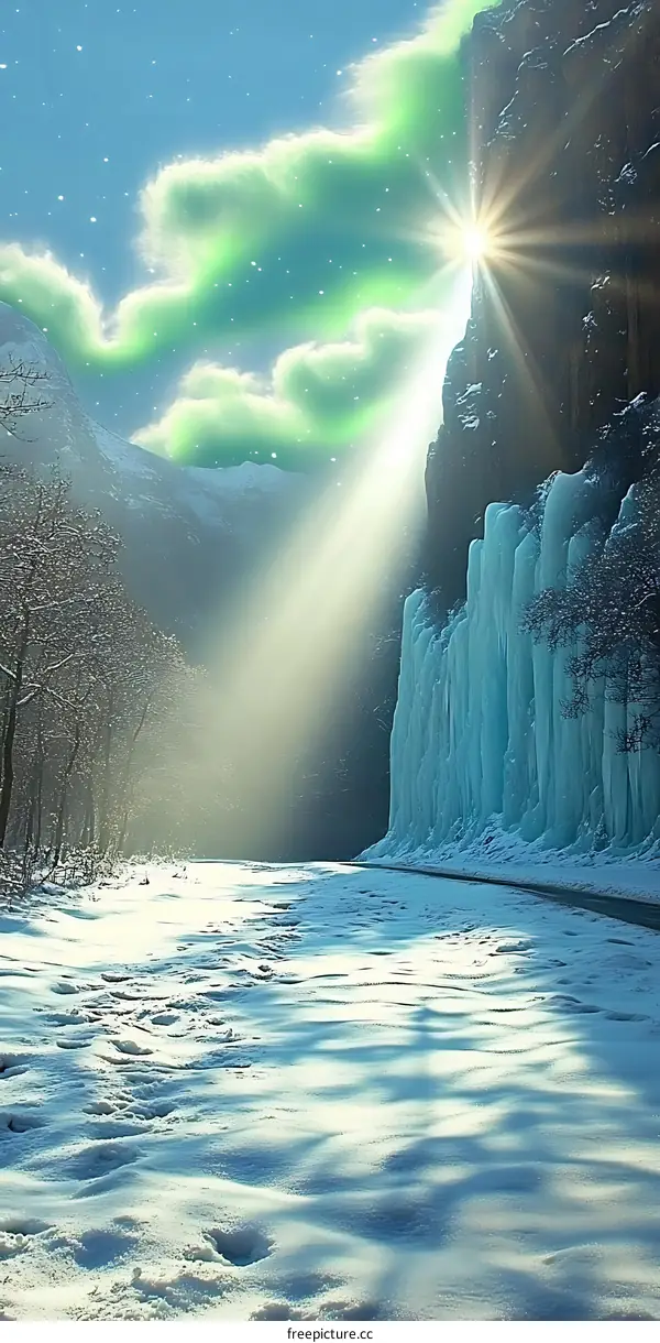 Winter Landscape with Snow Covered Mountain and Frozen Waterfall