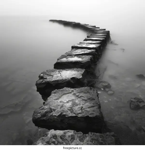 Stone Pier Curving into the Foggy Lake
