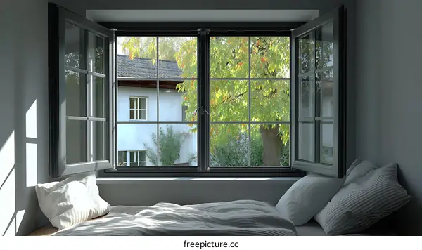 Bedroom with Large Window View of Autumn Trees