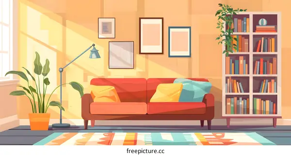 Cozy Living Room Interior Design With Bookshelf and Sofa