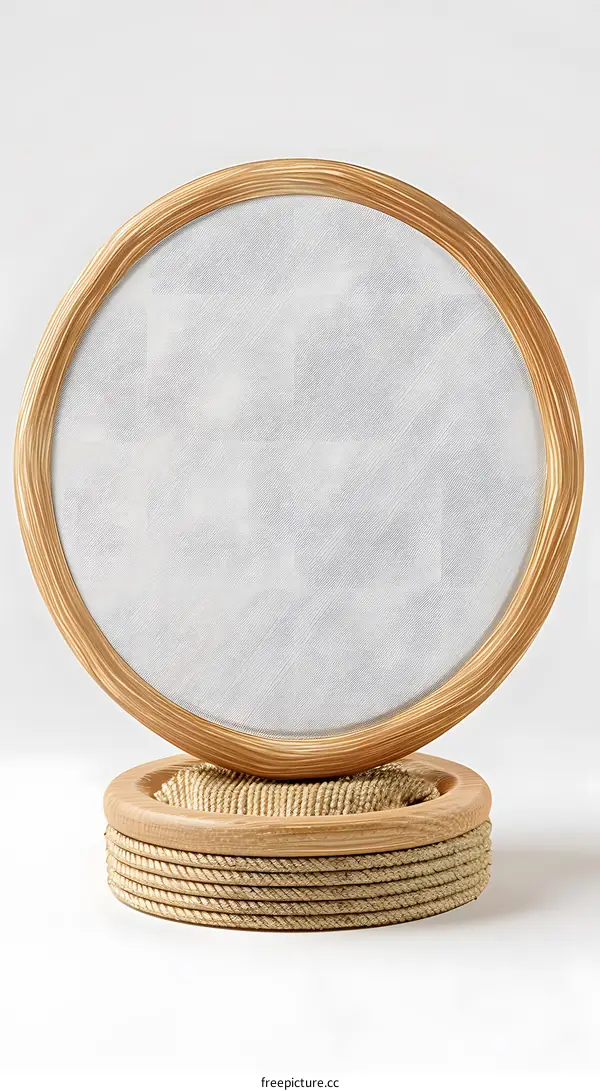 Wooden Round Frame with Rope Base on White Background
