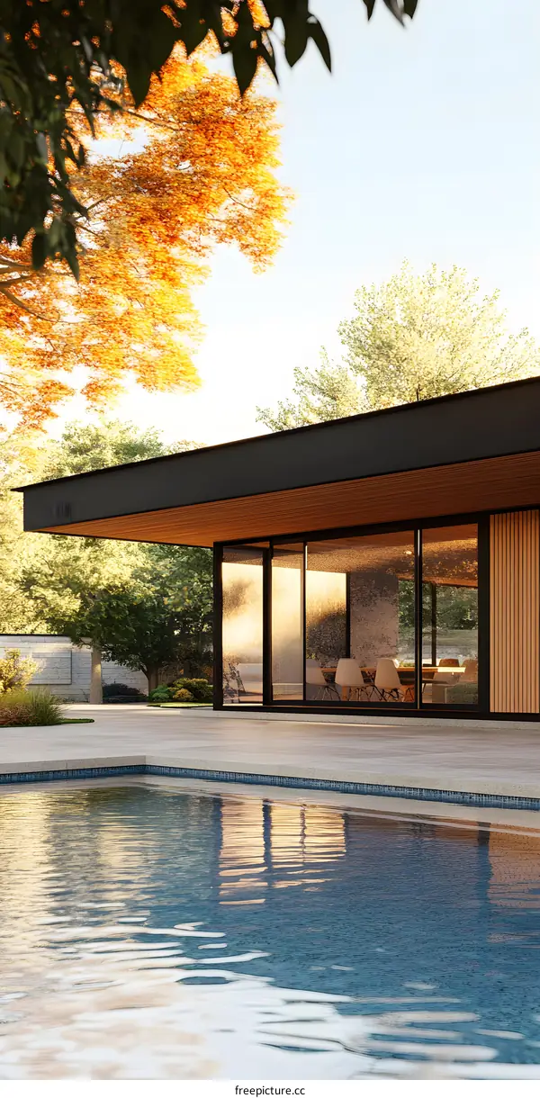 Modern House With Swimming Pool and Autumn Trees