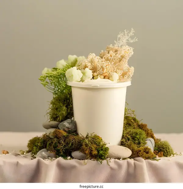 White Plastic Container Surrounded by Moss and Stones