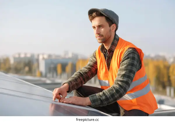 Worker Inspecting Solar Panel Installation on Rooftop