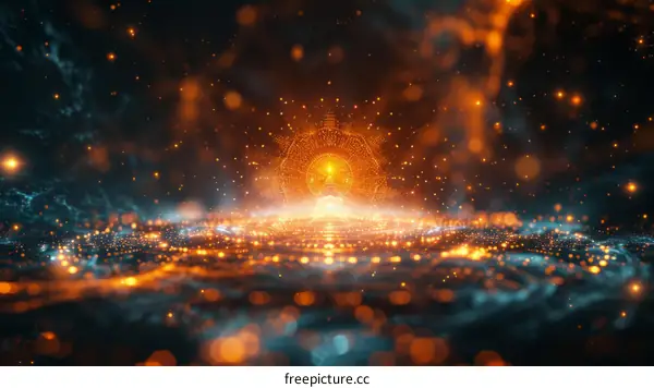 Orbs of light float above a blue surface