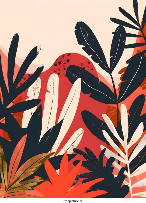 Abstract Red and Black Tropical Leaves Illustration