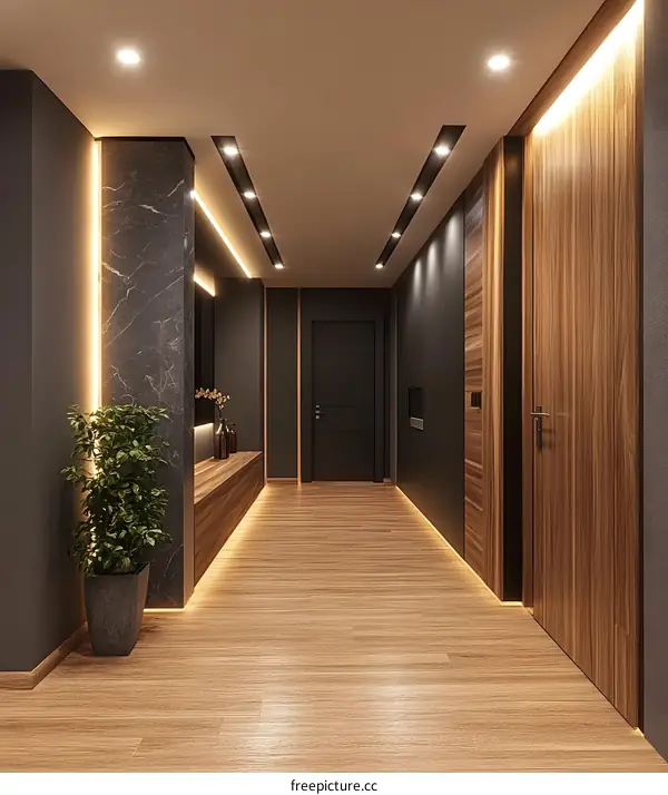 Modern Interior Design Hallway with Wood Flooring and Recessed Lighting