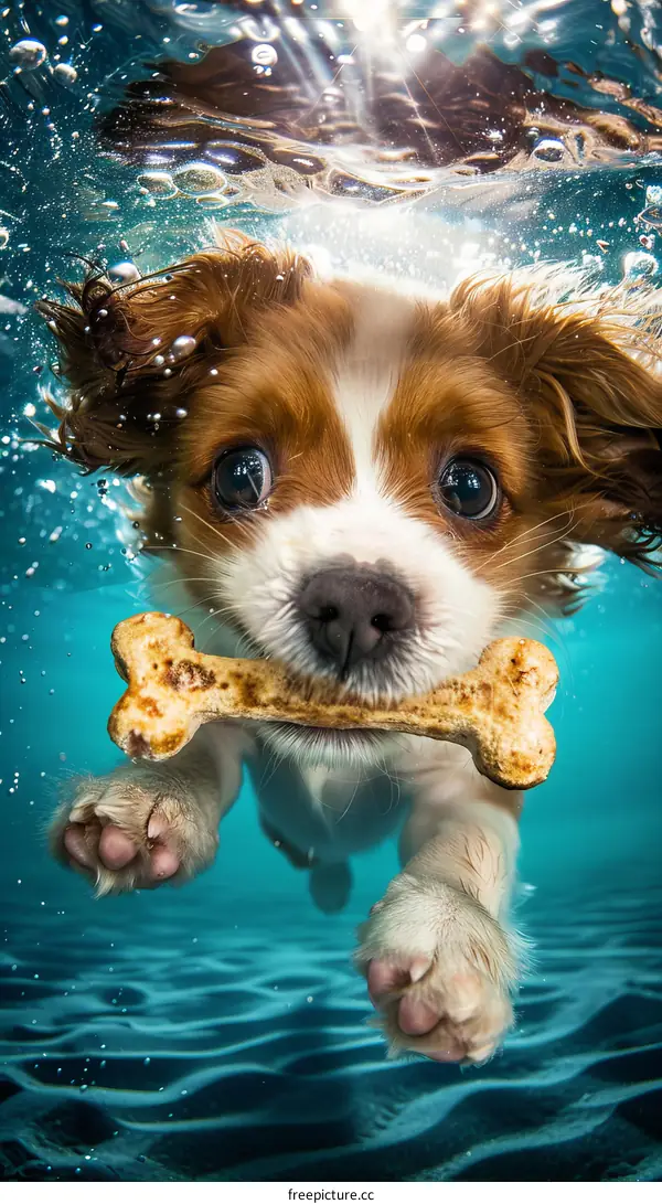 Cute Puppy Swimming Underwater with a Bone in its Mouth