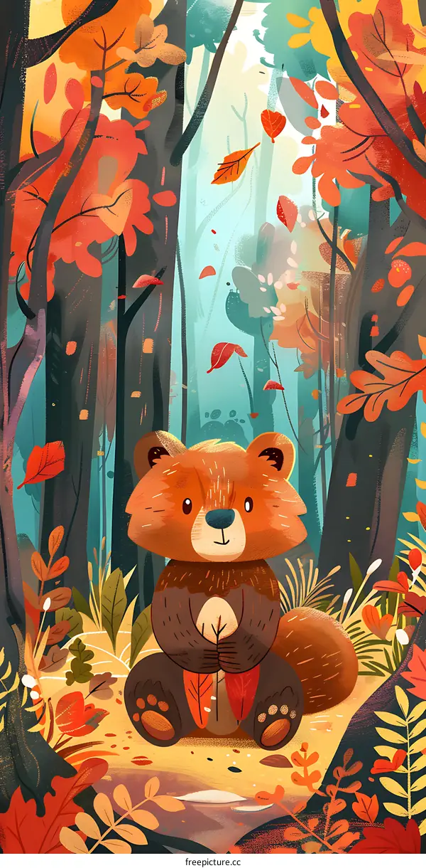Cute Red Panda Illustration Sitting In Autumn Forest