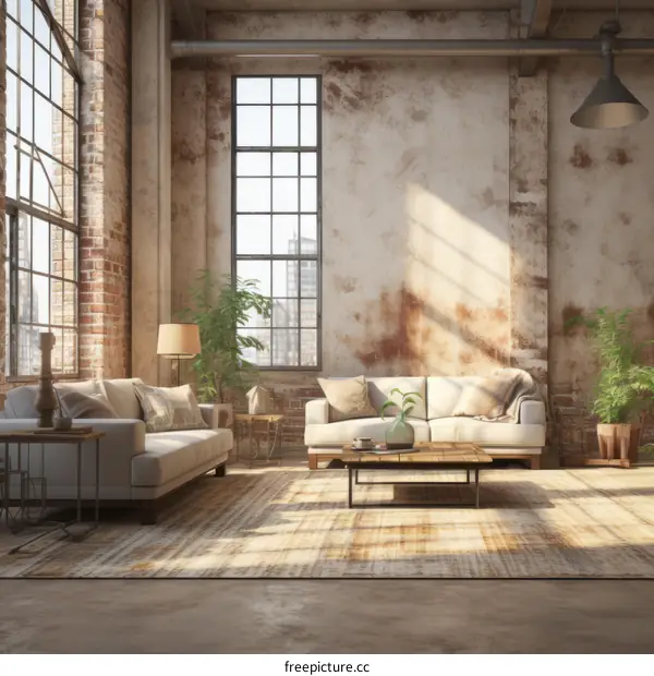Spacious Modern Industrial Style Living Room with Large Windows and White Sofas