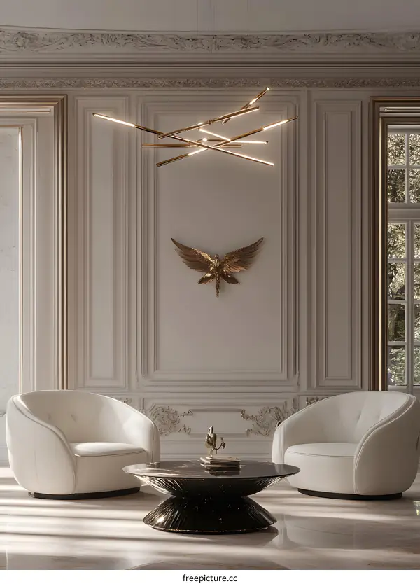 Modern Interior Design with Golden Chandelier and White Armchairs