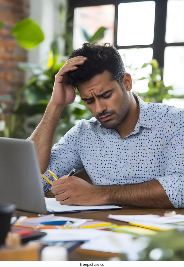 Man Thinking While Writing in Notebook