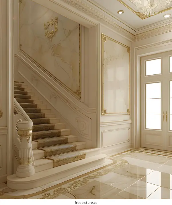 Luxury Interior Design with White and Gold Staircase