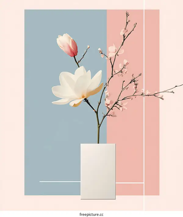 White Magnolia Flower on Pink and Blue Background