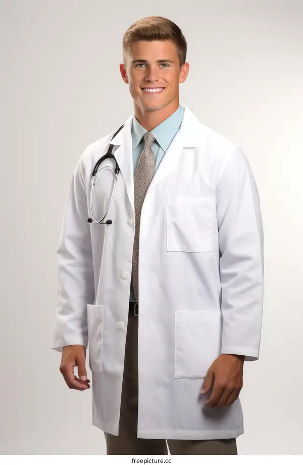 Young male doctor wearing a white lab coat and stethoscope
