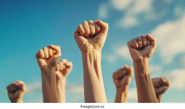 People raising their fists in the air in front of a blue sky
