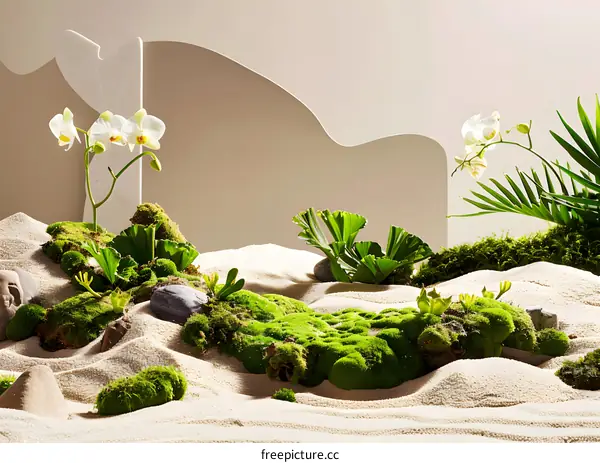 Minimalist Zen Garden with White Orchids and Green Moss