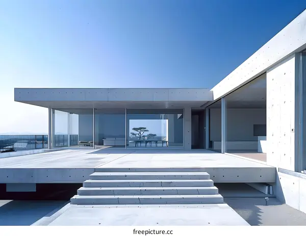 Modern Concrete House with Open Terrace and Glass Doors