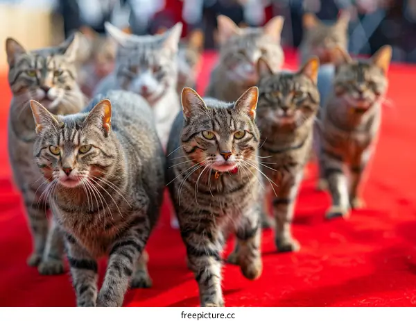 A group of cats walking on a red carpet