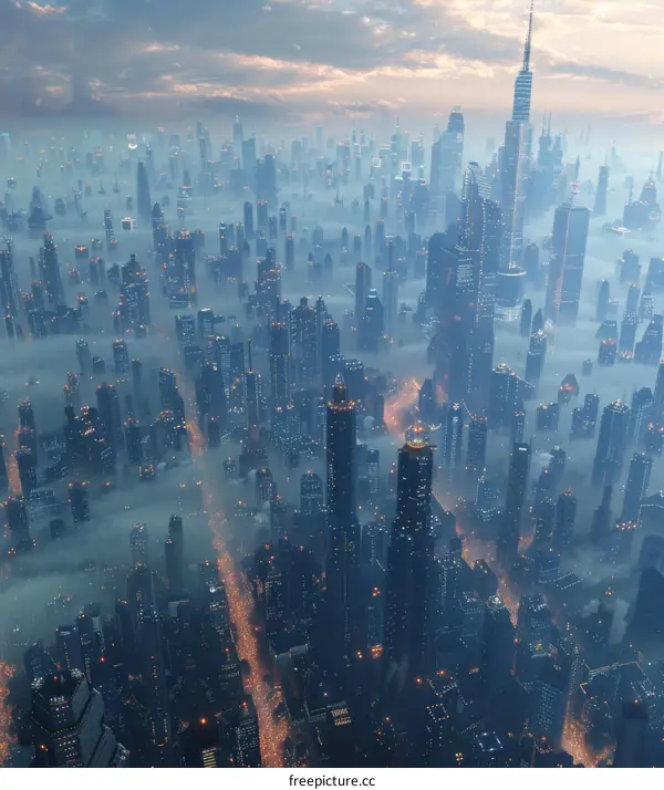 Futuristic Cityscape with Towering Buildings in a Foggy Atmosphere