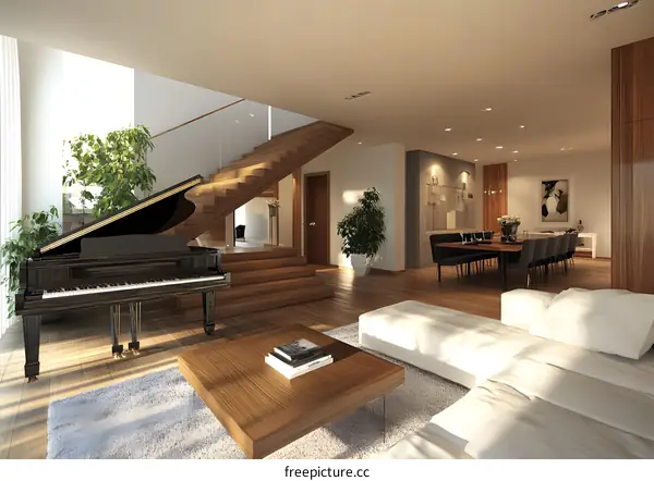 Modern Interior Design with Grand Piano and Wooden Stairs